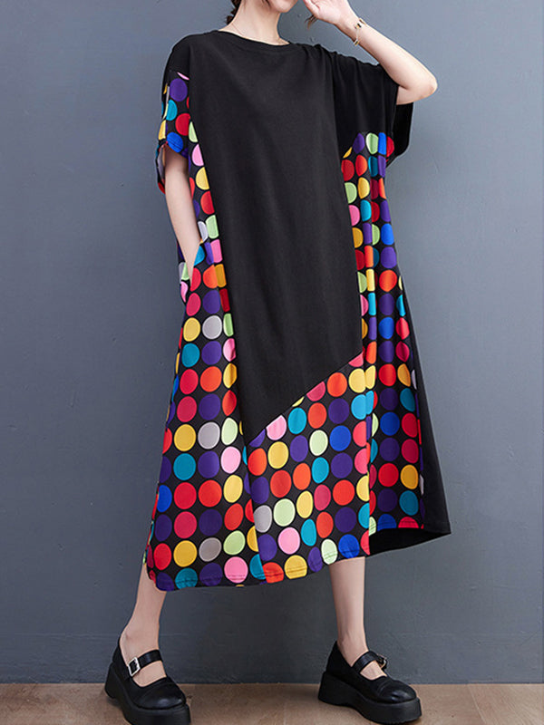 Loose Short Sleeves Multi-colored Polka-dot Split-joint Round-neck Midi Dresses