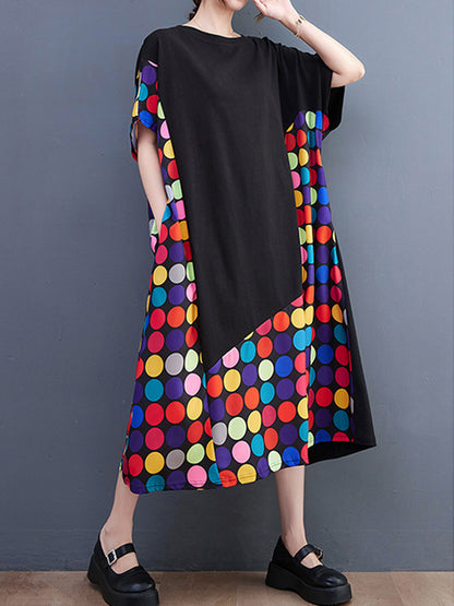 Loose Short Sleeves Multi-colored Polka-dot Split-joint Round-neck Midi Dresses