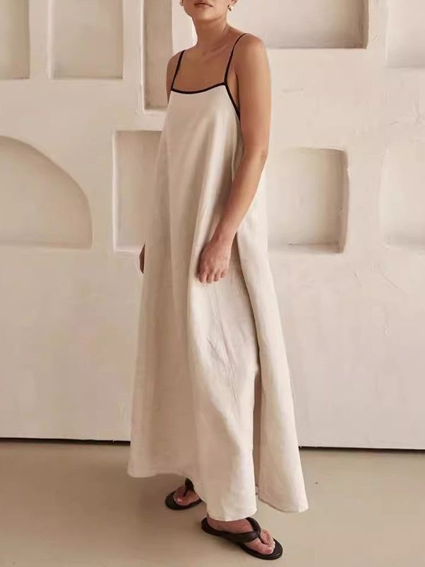 A-line Loose Split-joint Spaghetti-neck Maxi Dresses