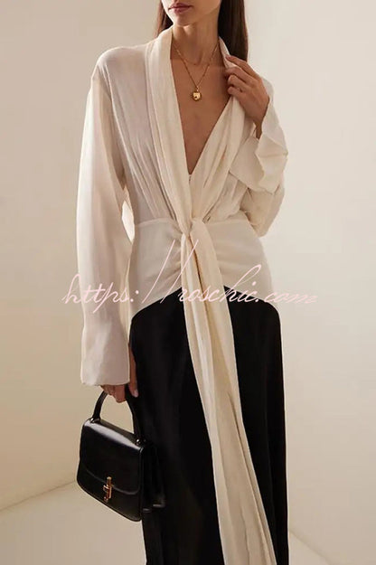 Contrast Color V-neck Tie High Waist Drape Maxi Dress