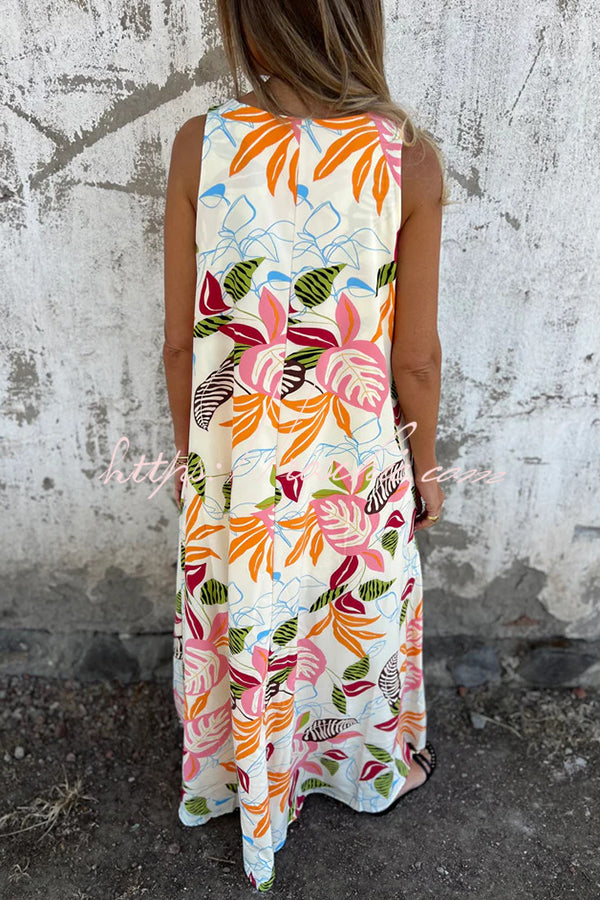 Botanical Print V-neck Pocket Loose Maxi Dress