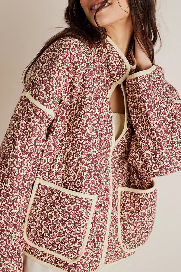 Print Pocket Contrast Concealed Button Cotton Coat