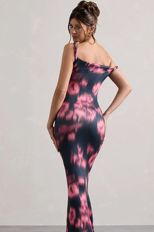 Print One Shoulder Knot Mermaid Maxi Dress