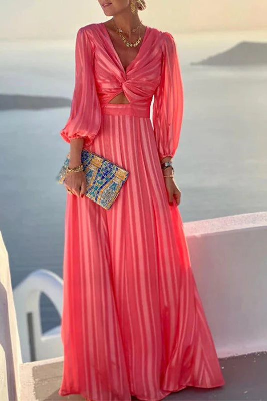 Striped Bow Hollow Out V-neck Bishop Sleeve Maxi Dress