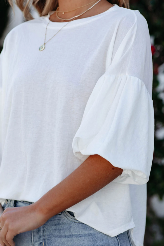 White Color Bubble Sleeve Blouse