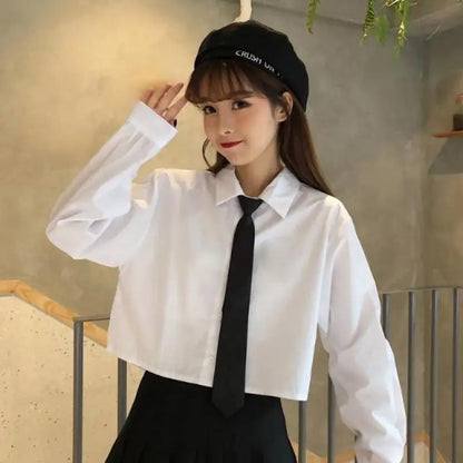 Oversize White Cropped Shirt Summer Short Sleeve Polo Neck Sweet Preppy Button Short Shirts Korean Female Blouses Blusa