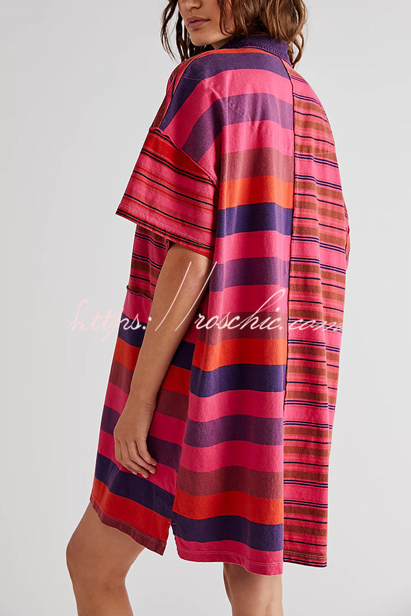 Contrast Striped Patchwork Denim Lapel Loose Mini Dress
