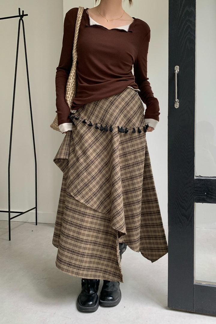 Asymmetrical Plaid Maxi Skirt