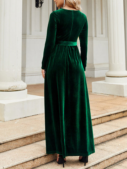 Long Sleeves Wrap Belted Pleated Color Zipper Round-neck Maxi Dresses
