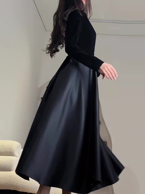 A-line Long Sleeves Pleated Split-joint Zipper Mock Neck Maxi Dresses