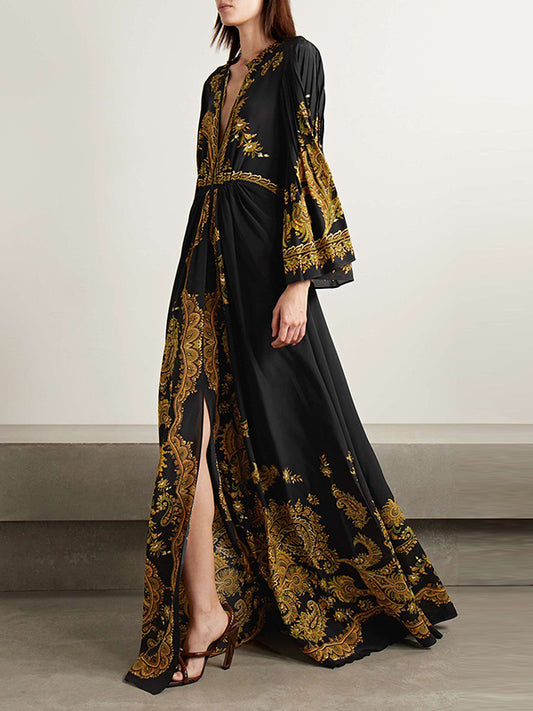 Flared Sleeves Loose Contrast Color Printed Split-front Maxi Dresses