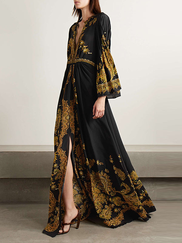 Flared Sleeves Loose Contrast Color Printed Split-front Maxi Dresses