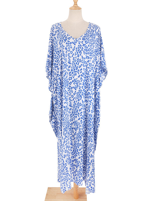 Batwing Sleeves Loose Leopard Split-side Sun Protection V-neck Cover-ups Swimwear Maxi Dresses