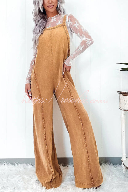 Washed Denim Raw Edge Elastic Waist Wide Leg Jumpsuit