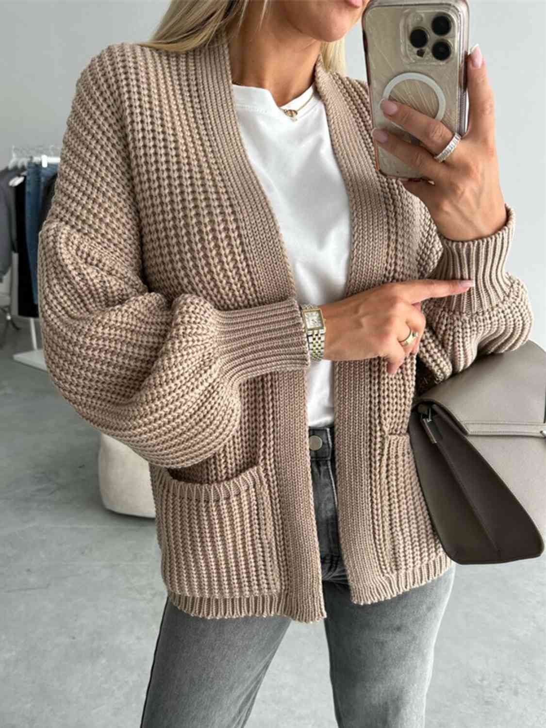Color V-neck Long-sleeved Knitted Cardigan