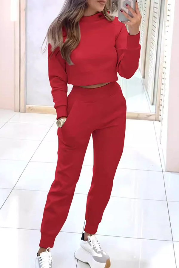 Color Loose Long Sleeve Crop Top and Elastic Waist Pocket Pants Set