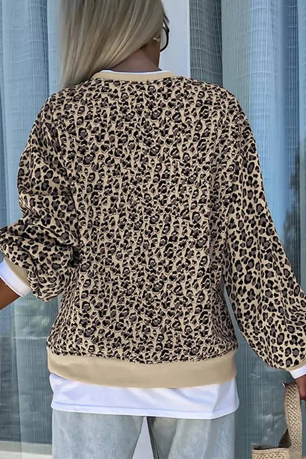 Leopard Print Crew Neck Patchwork Long Sleeve Loose Sweatshirt