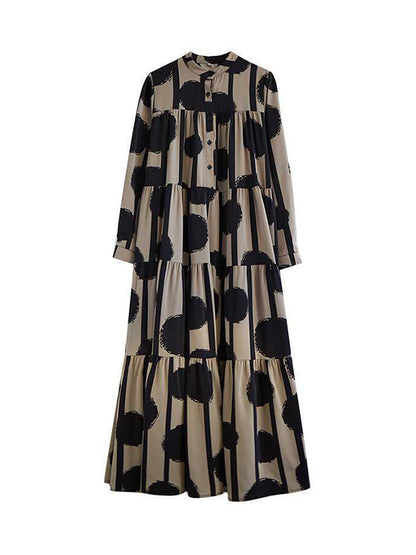 A-line Long Sleeves Buttoned Pleated Polka-dot Split-joint Stand Collar Maxi Dresses Shirt Dress