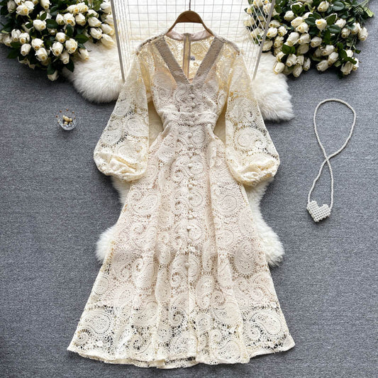 Classy Apricot V-neck Hollow Out Lace Buttoned Long Puff Sleeve Maxi Dress