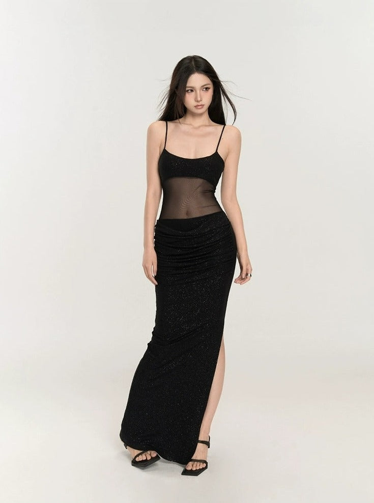 Black Mesh Glitter Maxi Dress