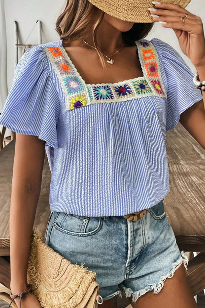 Sky Blue Striped Crochet Applique Blouse
