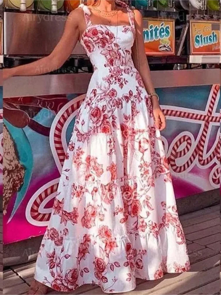 Long Dresses for Flower Printed Spaghetti Strap High Waist Large Skirt Hem Maxi Dress Summer Beach Party