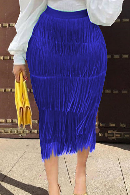 Color High Waist Elastic Waist Pleat Fringed Skirt