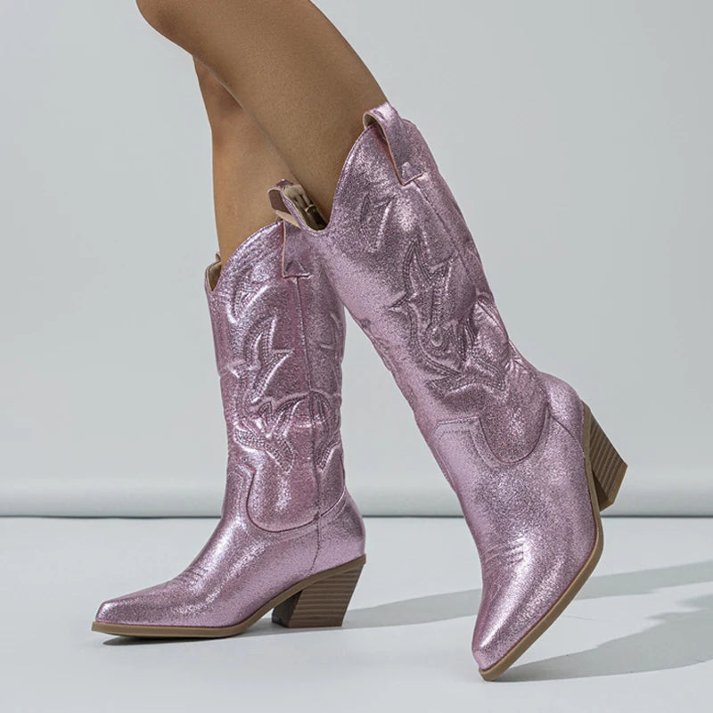 Liyke Embroidered Western Cowboy Boots Leather Golden Silver Pointed Toe Low Heel Mid-calf Shoes
