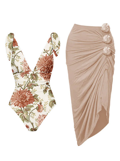 Bowknot Tie-shoulder Print One Piece Swimsuit and Skirt