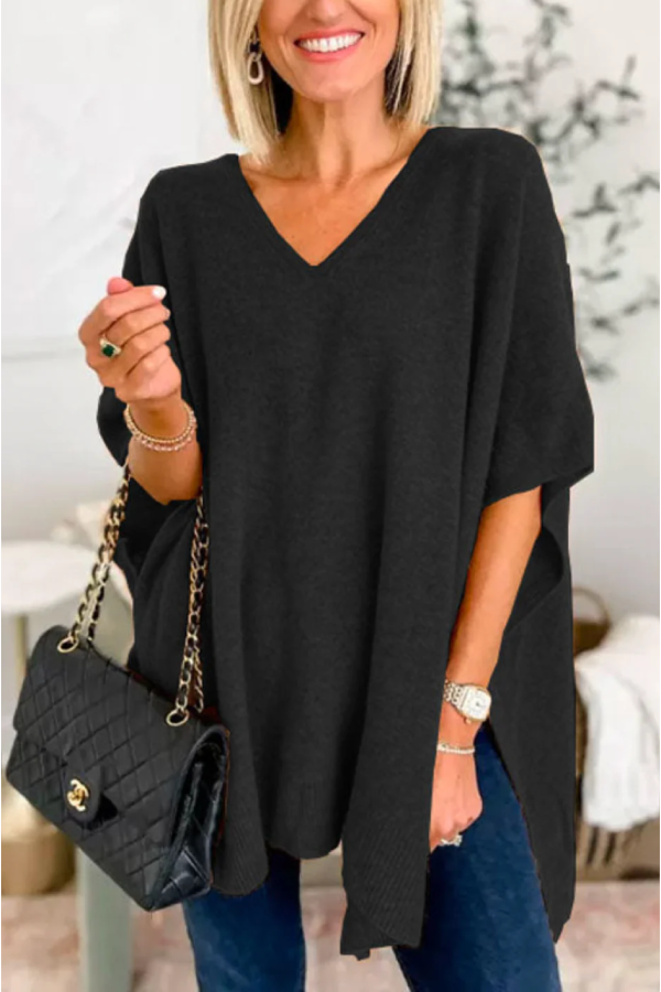 V Neck Loose Fit Poncho Sweater