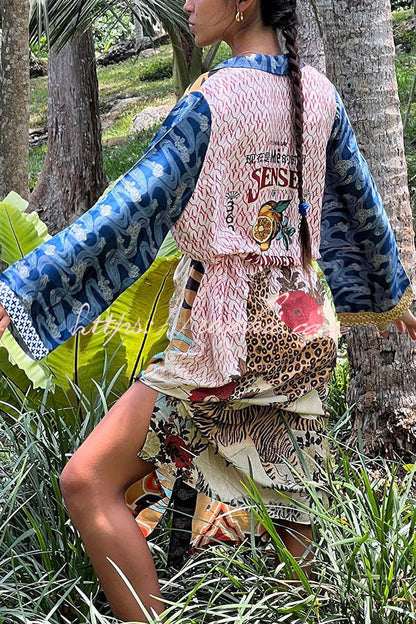 Tropical Jungle Tiger Unique Print Long Sleeve Belt Pocketed Kimono Coat