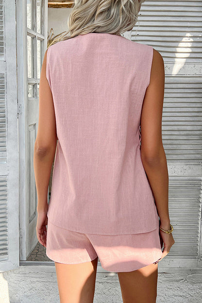 Color Holiday Style V-neck Button Vest and Elastic Waist Pocket Shorts Set