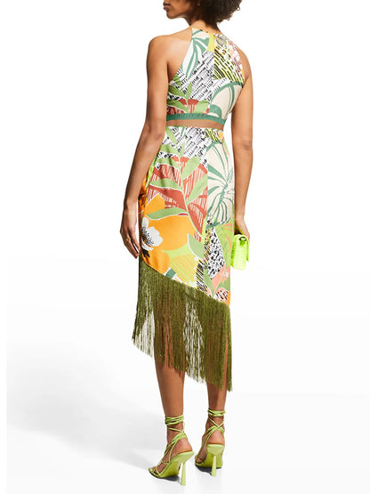Print Fringe Swimsuit and Skirt