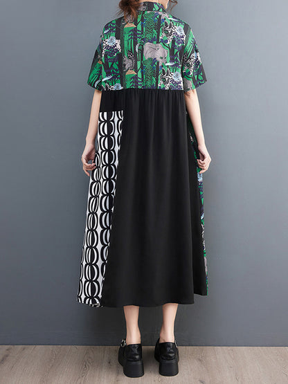 Short Sleeves Loose Printed Split-joint Lapel Midi Dresses Shirt Dress