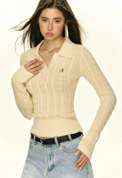 Half-button Cable Knit Polo Sweater