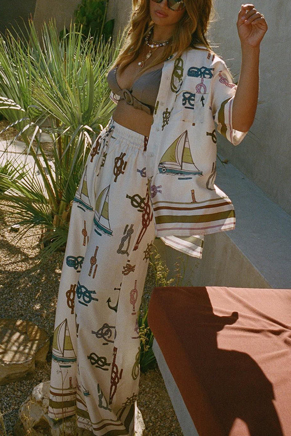 Sail Away Satin Unique Nautical Motifs Print Button Down Pocket Oversized Blouse