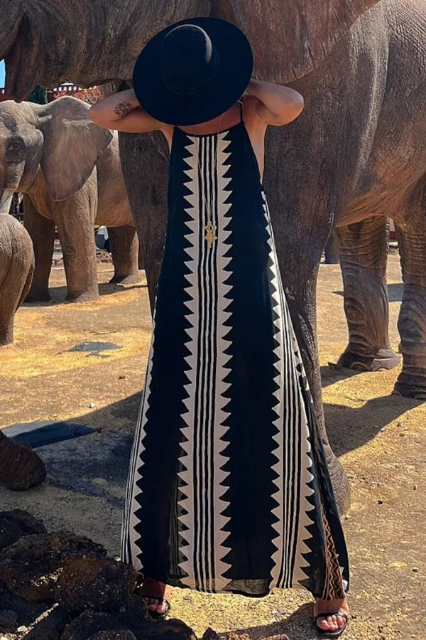 Take a Trip Print Backless A-line Maxi Dress
