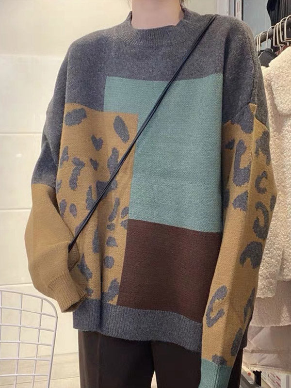 Original Brown Round-neck Contrasting Color Blocks Leopard Long Sleeve Sweater An1048