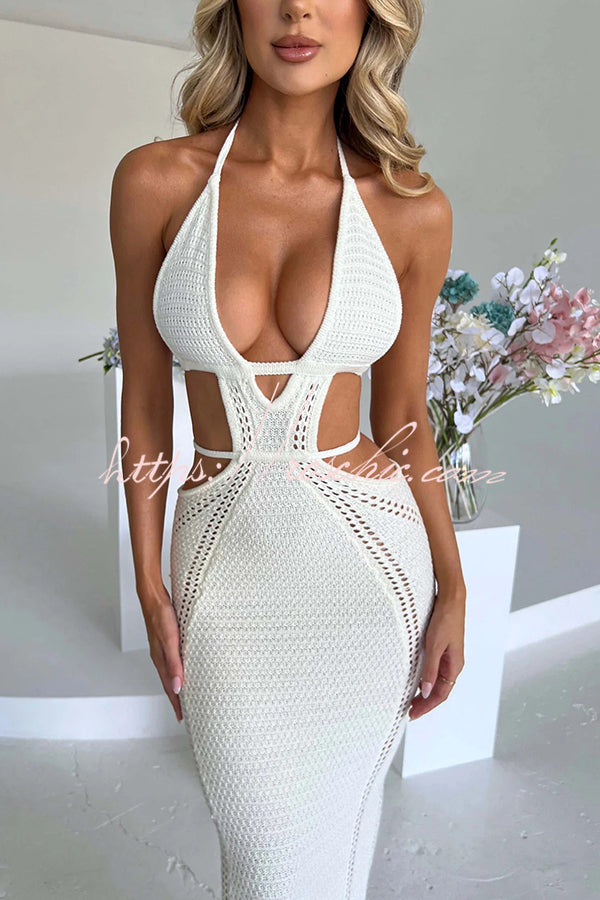 Effortlessly Cool and Knit Crochet Cutout Halter Tie-up Stretch Maxi Dress