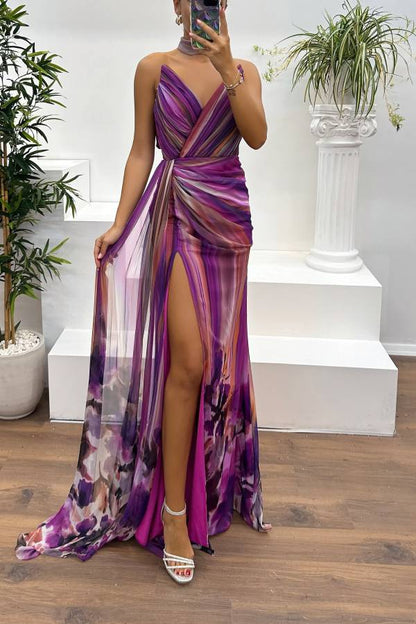 In a Dreamland Chiffon Print Off Shoulder Pleated Scarf Slit Maxi Dress