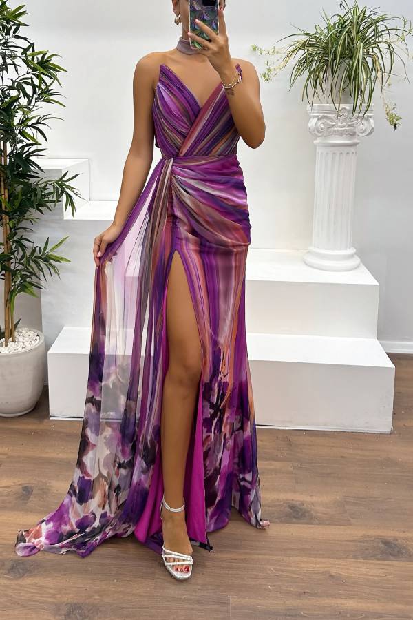 In a Dreamland Chiffon Print Off Shoulder Pleated Scarf Slit Maxi Dress