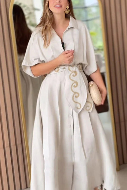 Color Lapel Pocket Pattern Lace-up Loose Maxi Dress