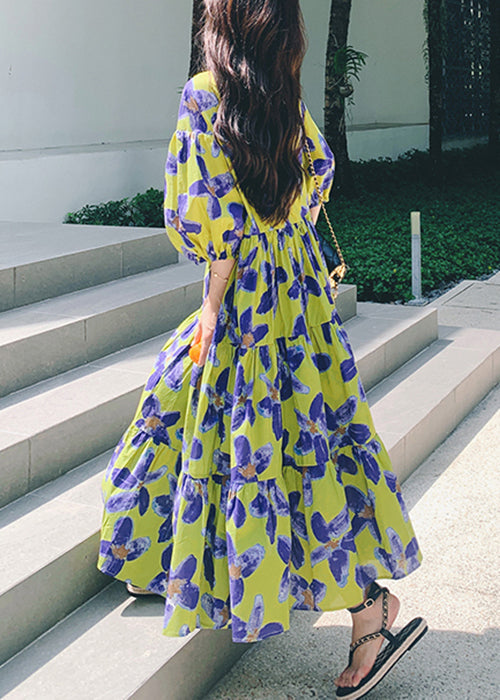 Stylish Green Print Patchwork Chiffon Long Dresses Half Sleeve Qp037