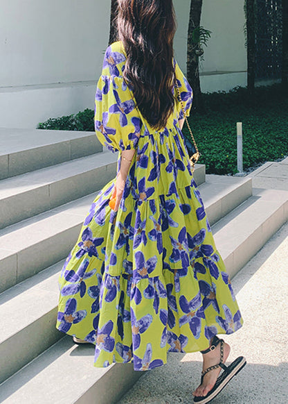 Stylish Green Print Patchwork Chiffon Long Dresses Half Sleeve Qp037