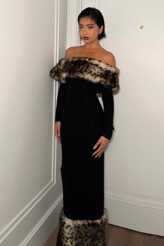 Off-shoulder Leopard Print Fur Trim Bodycon Maxi Dress
