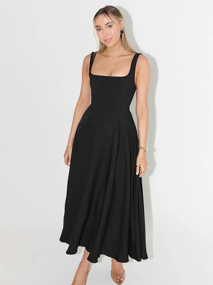 Sleeveless Bodycon Long Dress Fall Color Square Neck Party Club Evening Dress Slim Vestido