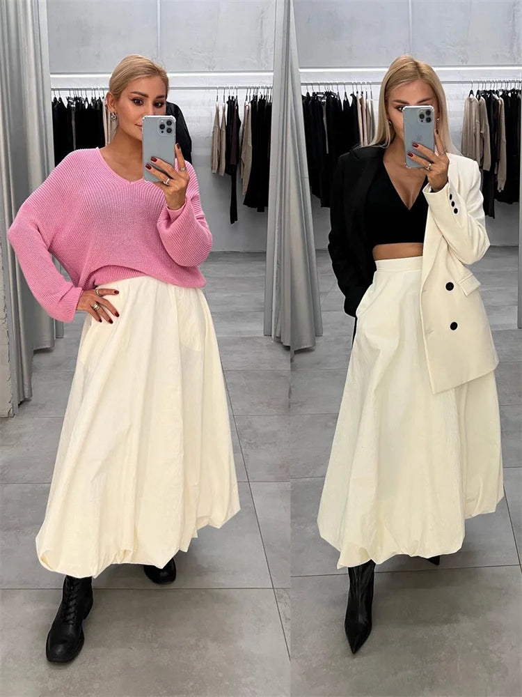 Silk Satin White Maxi Skirt Long Ruffled Pleated Skirts Lantern Pants A-line Silk Long Skirts for New