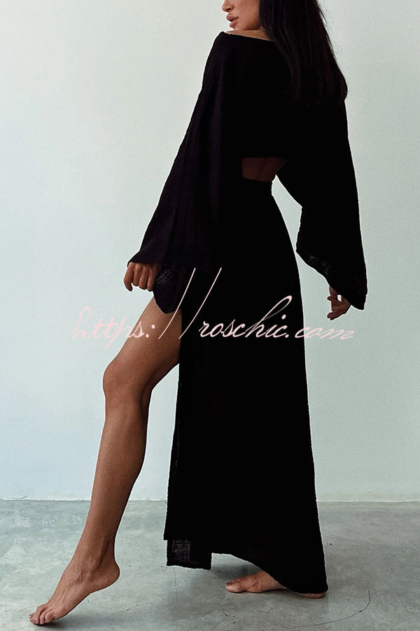 Beach Linen Blend Wide Sleeve Blouse and Elastic Waist Double Slit Skirt Set