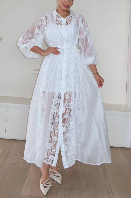 Exquisite Lace Embroidery Lapel Maxi Dress