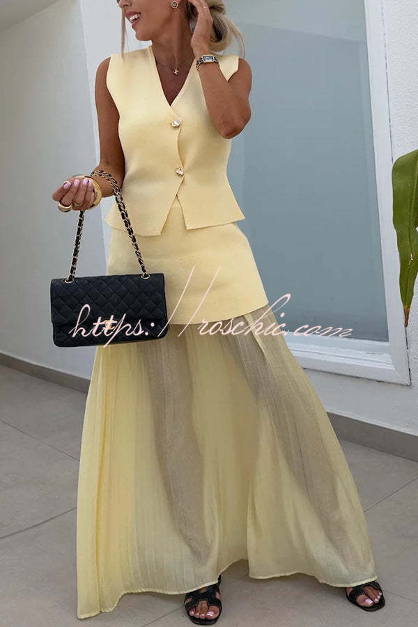 Stylish and Knit Spliced Tulle Elastic Waist Pleated Maxi Skirt